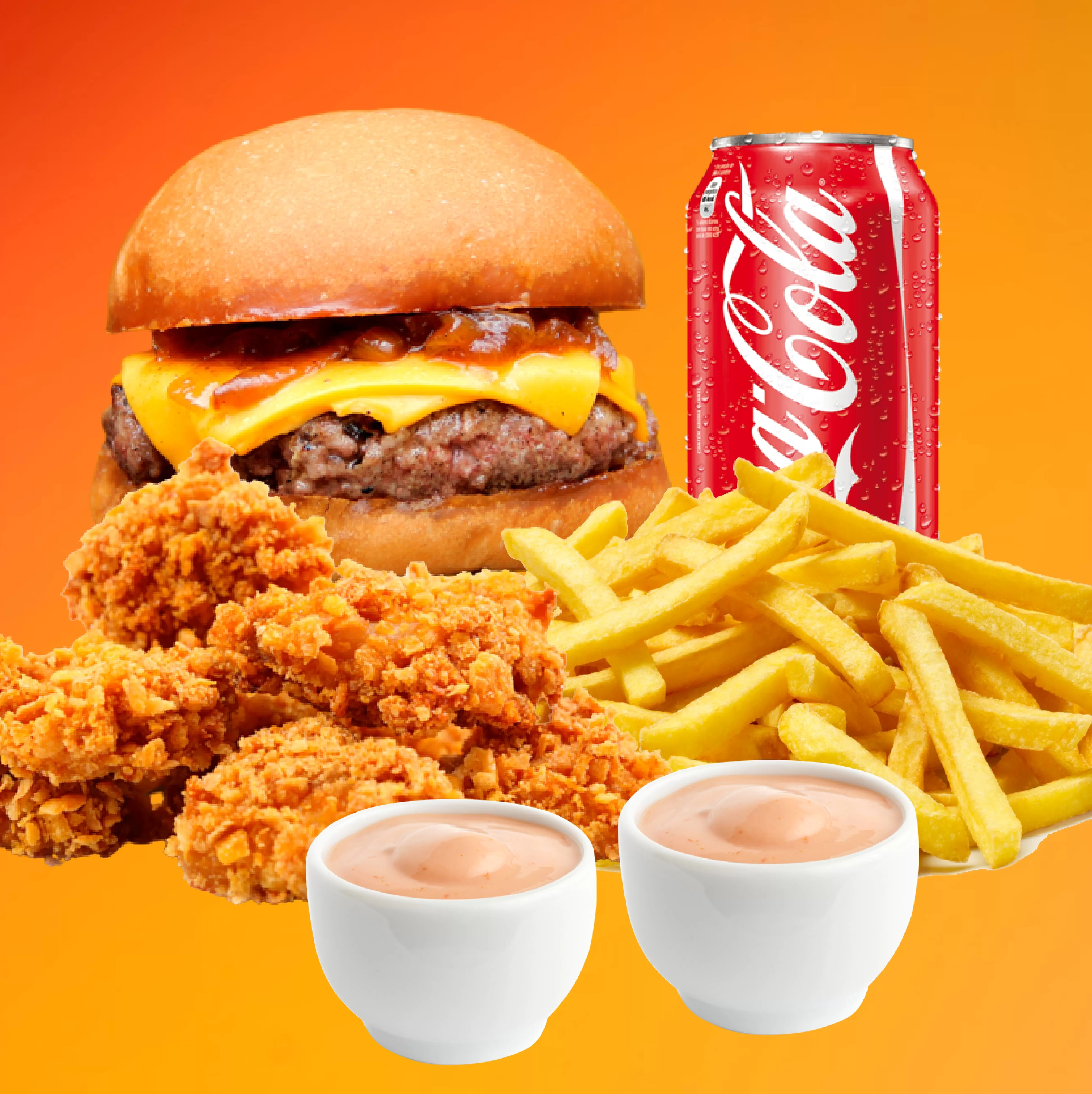 Balde pequeno - Coxinha da Asa e Sassami + 1 Burguer + Fritas + 1 Bebida 350ml + Molho grátis (Serve bem 1 pessoa)