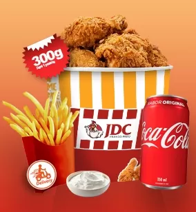 Balde pequeno - Coxinha e Sassami + Fritas (100g) + 1 bebida 350ml + Molho grátis (Serve bem 1 pessoa)
