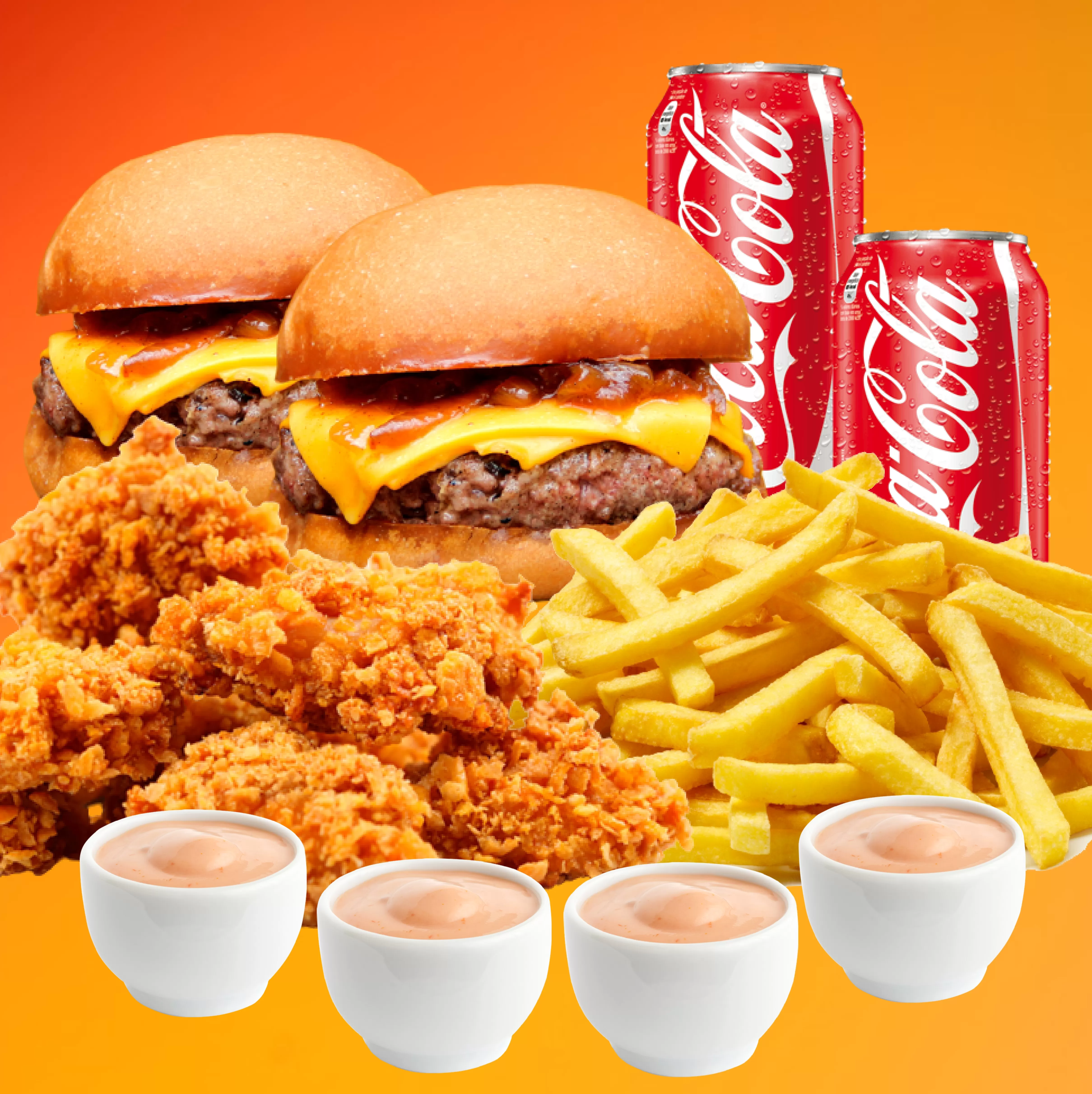 Balde pequeno - Coxinha da Asa e Sassami + 2 Burguers + Fritas + 2 Bebidas 350ml + Molhos grátis (Serve bem 2 pessoas)